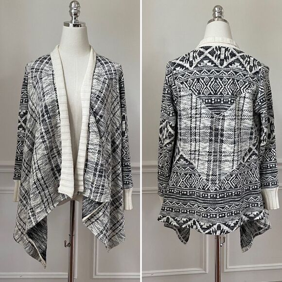 Anthropologie Tiny Black Cream Southwestern Pattern Waterfall Open Cardigan XS - Picture 1 of 9